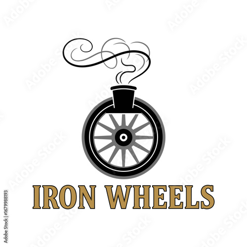 A logo featuring a stylized iron wheel with a steam engine element, evoking a sense of vintage industrial design.