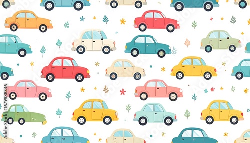 A seamless pattern of colorful cartoon cars