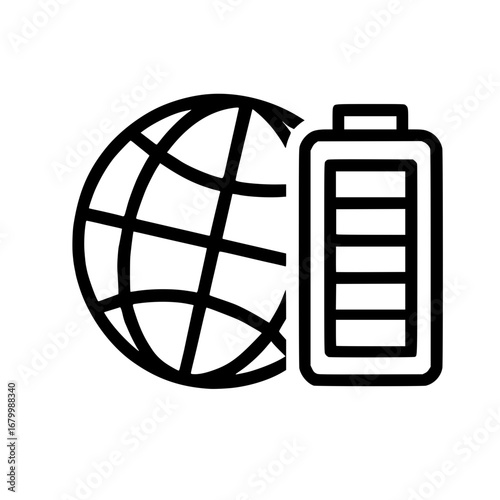 Isolated Global Earth and Full Battery Charge Line Icon
