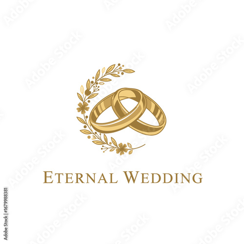 Elegant wedding logo featuring intertwined golden rings and a floral wreath.