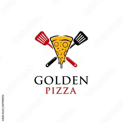 A logo for Golden Pizza featuring a cheesy pizza slice and crossed spatulas.