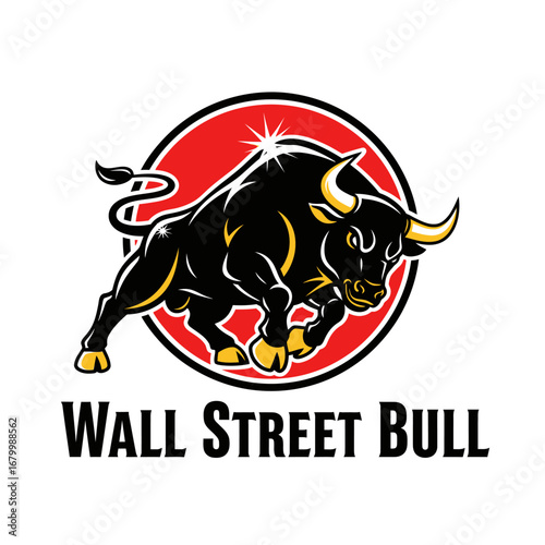 A fierce black bull logo for Wall Street, symbolizing power and financial success.