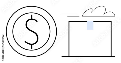 Dollar coin symbolizing finance and a speeding package under a cloud signifying delivery. Ideal for e-commerce, logistics, savings, payment, efficiency, global trade, digital economy. Simple flat