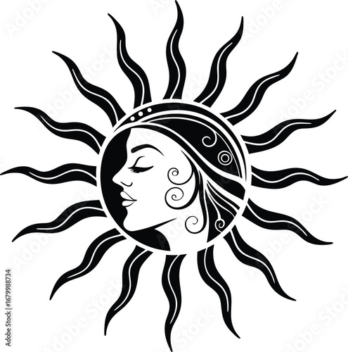 Flat silhouette sun icon with stylized rays for graphic design