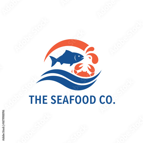 Seafood company logo featuring a fish and crab in stylized ocean waves.