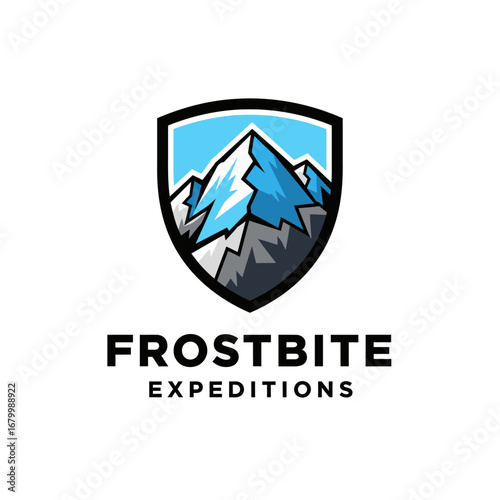 A stylized mountain logo for Frostbite Expeditions.  Bold and adventurous.