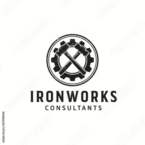Ironworks Consultants logo featuring crossed hammers and a gear.  Vintage style.