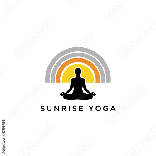 Sunrise Yoga logo featuring a meditating figure and a sunrise backdrop.