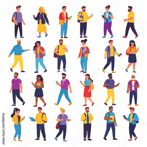 A diverse collection of young adult characters in casual clothing Many are students with backpacks and smartphones depicted in a flat vector illustration style.
