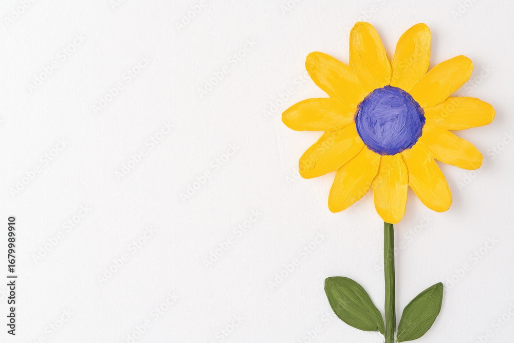 Obraz premium Bright yellow flower with a bold blue center stands against a white background, capturing cheerful simplicity and the charm of handmade botanical art and sunny mood.