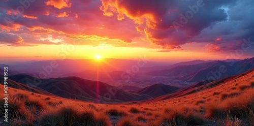 Breathtaking panoramic view of a vast, rolling landscape under a dramatic sunset sky Perfect for travel, nature, and environmental projects , countryside, grass