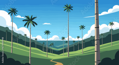 Lush green rolling hills dotted with tall palm trees under a bright blue sky with fluffy clouds and a winding path