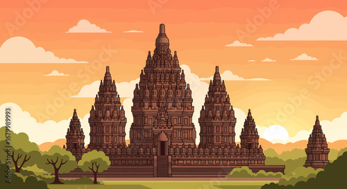Majestic ancient temple complex illuminated by the warm glow of a setting sun, a serene and spiritual architectural marvel in a lush landscape