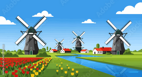 Dutch Countryside Windmills, Tulips, and Scenic Beauty in a Picturesque Landscape