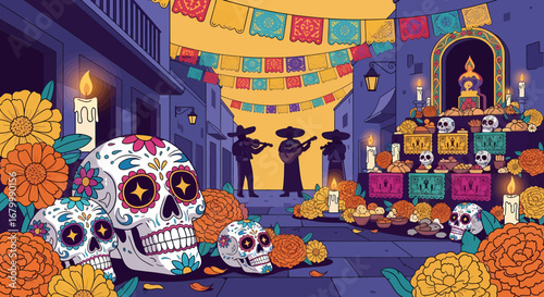 Dia de los Muertos Celebrations A Colorful Street Scene with Sugar Skulls and Musicians
