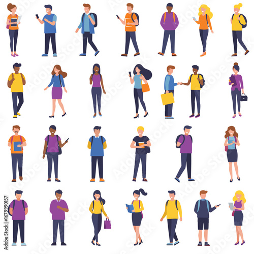 A large collection of diverse young student characters in various poses with books backpacks and smartphones.
