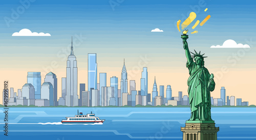 Iconic torch-bearing monument standing proudly before a dynamic city skyline, with a bustling ferry navigating the waters in a bright illustrative style