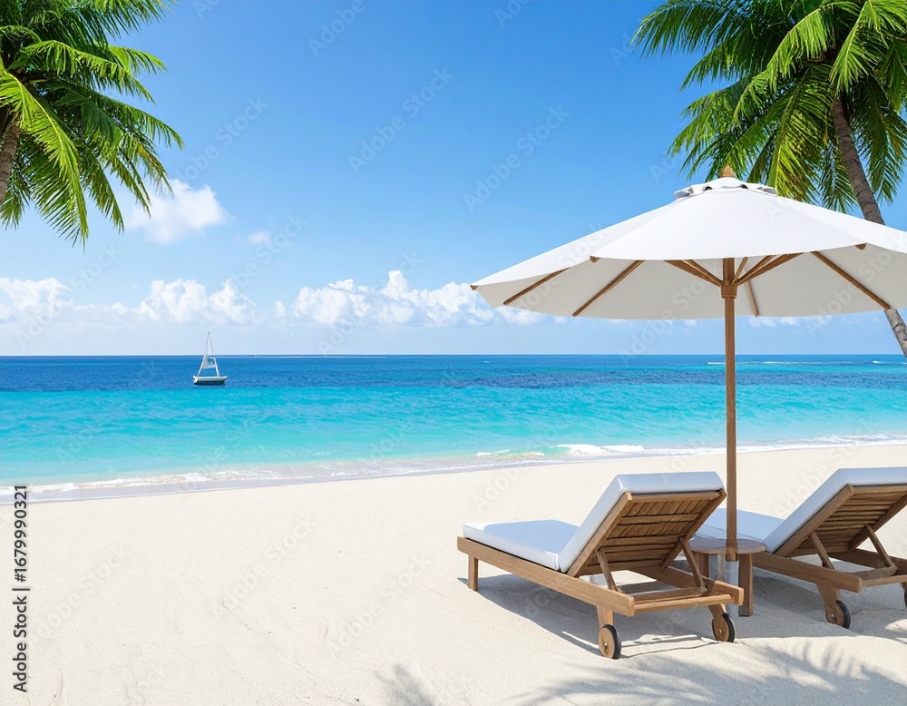 Fototapeta premium Tropical beach travel theme in summer, 3d rendering. 3D illustration