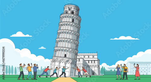 Illustrative depiction of people assisting in the stabilization of the Leaning Tower of Pisa