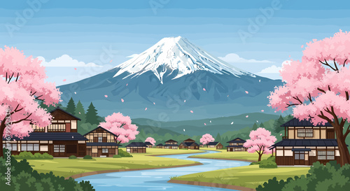 Serene Village View with Mount Fuji and Cherry Blossoms
