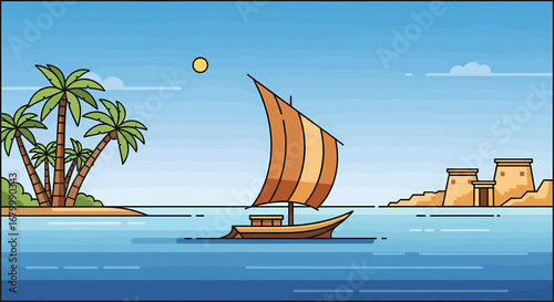 A Serene Egyptian Nautical Scene with Sailboat and Palm Trees