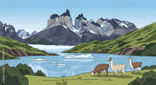Peaceful mountain lake with grazing llamas and icebergs under a clear blue sky