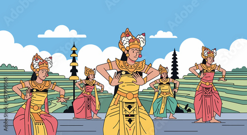 Vector illustration of five Balinese women performing a traditional sacred dance in a cultural landscape of Bali