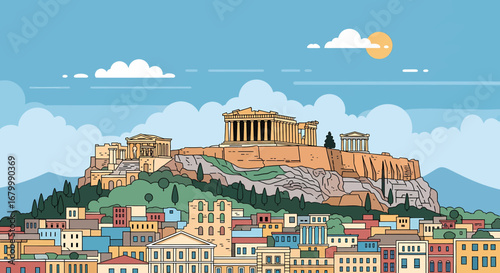Illustrative depiction of the Acropolis of Athens, Greece, atop a hill, under a cloudy sky