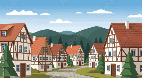 Picturesque European countryside village with classic half-timbered architecture and rolling hills in the background