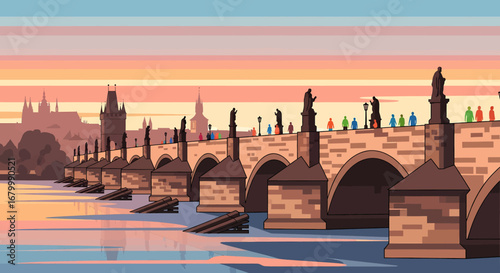 Captivating vector illustration of the historic Charles Bridge in Prague, capturing the picturesque sunset over the Vltava River and the city's architectural grandeur
