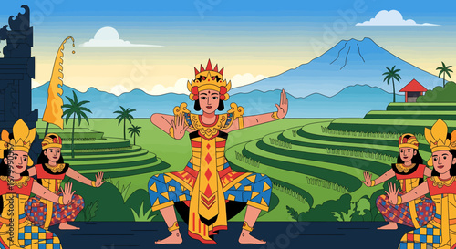 Traditional Balinese dance performance with ornate costumes against a stunning backdrop of terraced rice fields and a majestic volcano, showcasing cultural heritage