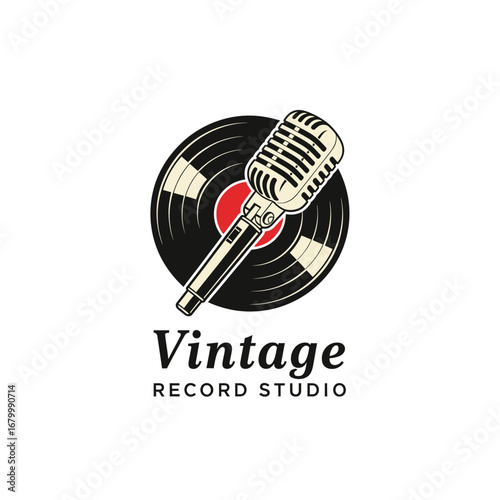 A vintage-style logo featuring a retro microphone and vinyl record. Perfect for a music studio or related business.