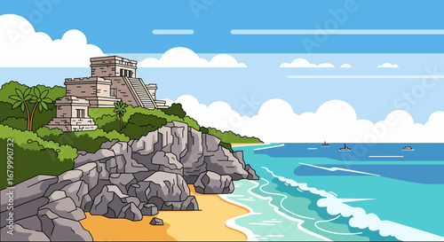 Coastal Mayan Ruins A Vibrant Illustration of Ancient History and Tropical Paradise