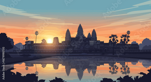 Stylized illustration of an ancient temple reflected in tranquil water at sunrise, capturing the beauty of historical Asian architecture