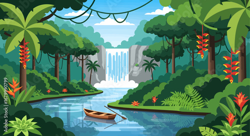 Lush tropical jungle landscape with a majestic waterfall cascading into a winding river, a tranquil scene of nature's untouched beauty