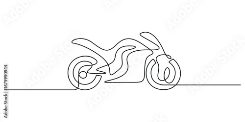 Continuous one line drawing of motorcycle in minimalist black style, highlighting speed, design, freedom, and artistic transportation concept. Vector illustration