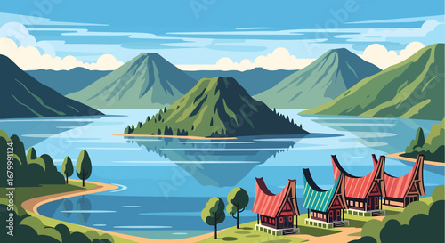 Scenic Illustration of a Serene Lake Landscape with Mountains and Traditional Houses