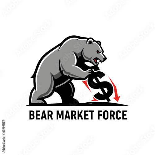 Aggressive bear crushing dollar sign, symbolizing bear market