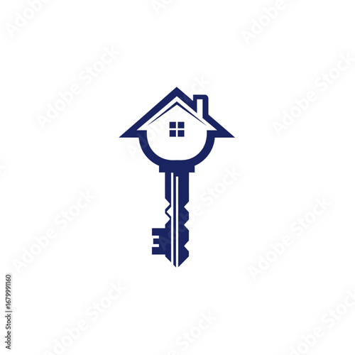A stylized key with a house as its head, symbolizing home ownership and real estate.