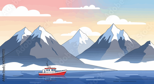 Scenic Illustration of a Fishing Boat Sailing Through Calm Waters Near Snow-Capped Mountains