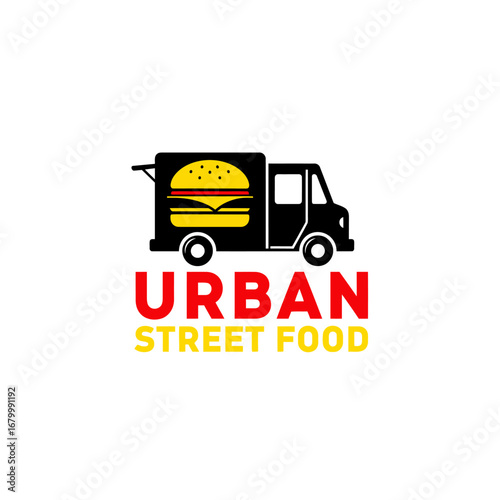 A logo design featuring a black food truck with a yellow burger.  Urban Street Food.
