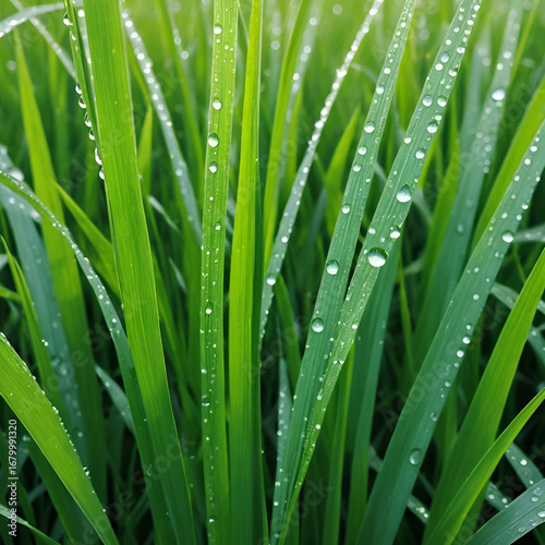 The texture of long, tall green grass, close-up, wet with dew. Photography, copy space