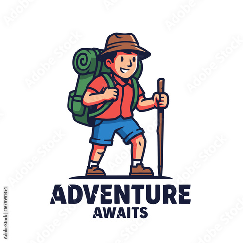 A cheerful cartoon hiker, ready for adventure. Backpack, walking stick, and a smile!