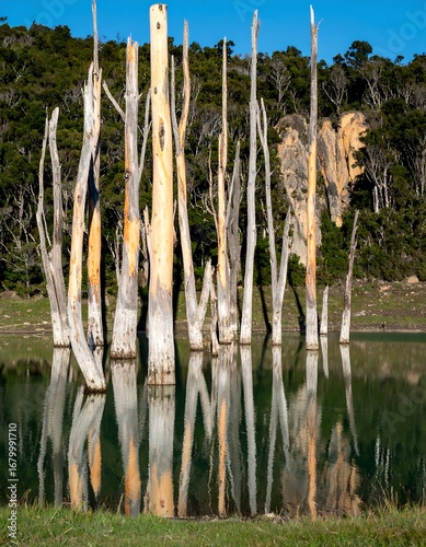 Dead trees in water, reflection