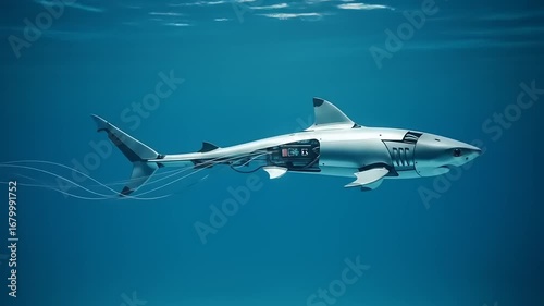 Wallpaper Mural Futuristic robotic shark swimming gracefully in clear blue ocean waters, showcasing advanced technology Torontodigital.ca