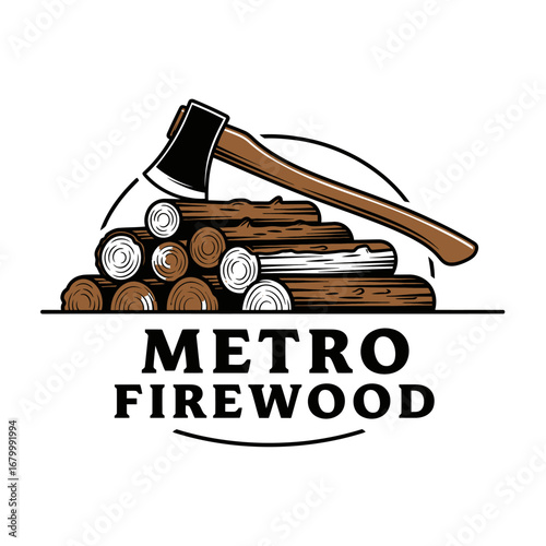 A logo for Metro Firewood, showing an axe on a stack of logs.