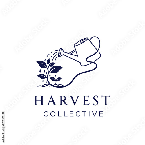 A minimalist logo depicting a watering can nurturing a growing plant. Represents harvest, growth, and nature.