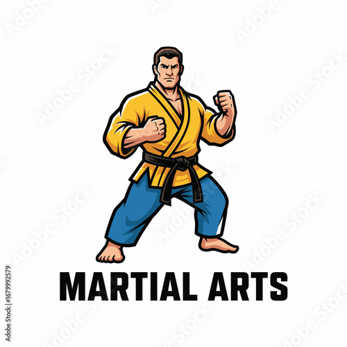 A strong martial arts master in a fighting pose.  Dynamic illustration.