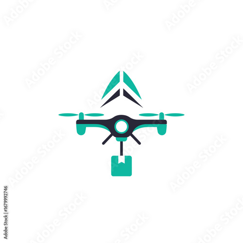 A teal drone delivers a package.  Modern delivery solution.