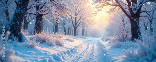 A whimsical winter scene in a snowy wonderland, featuring frosted trees, a path winding through glistening snowdrifts, and a magical, ethereal glow , glistening, shimmer, holiday